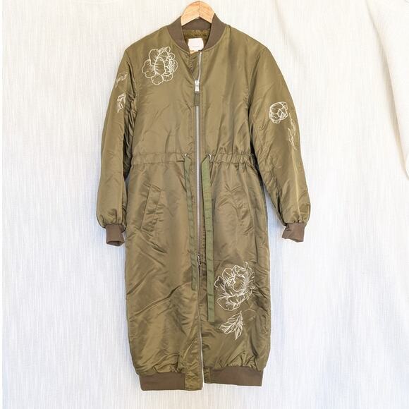 Cinq à Sept Olive Pauline Peony Embroidered Long Bomber Full Zip Coat, size XXS - Picture 2 of 10
